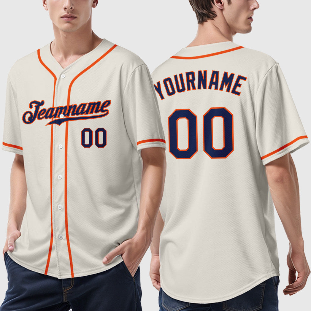 Custom Cream Navy Orange Sleeve Baseball Jersey