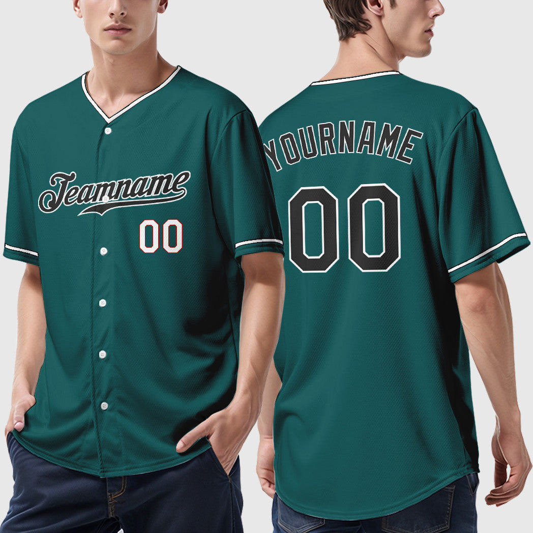 Custom Teal Black Black-White Collar Sleeve Baseball Jersey