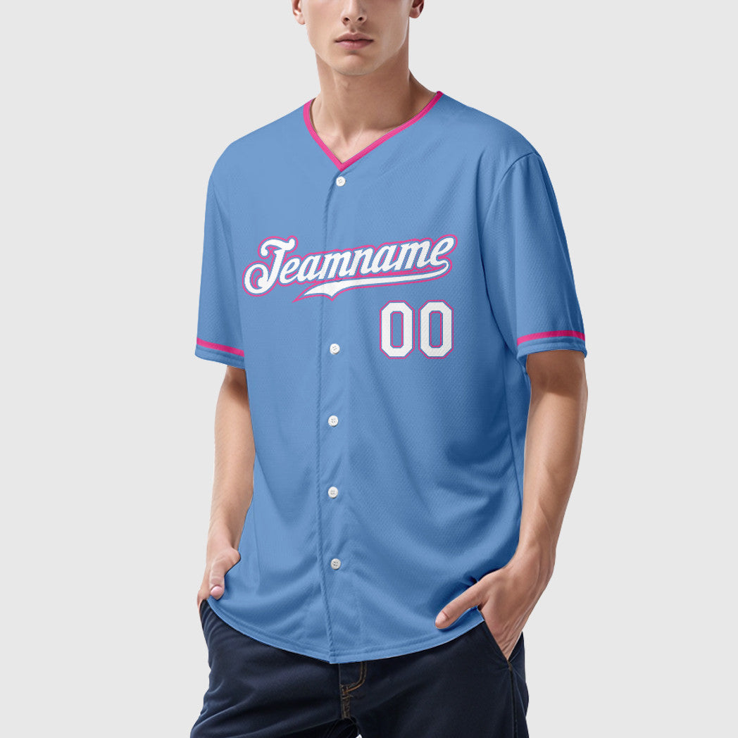 Custom Light Blue White Pink Collar Sleeve Baseball Jersey