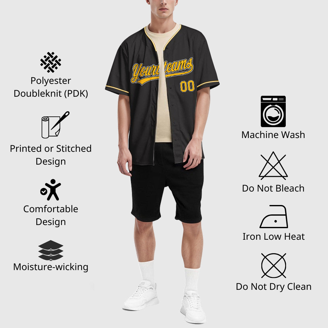 Custom Black Gold Gold-White Collar Sleeve Baseball Jersey