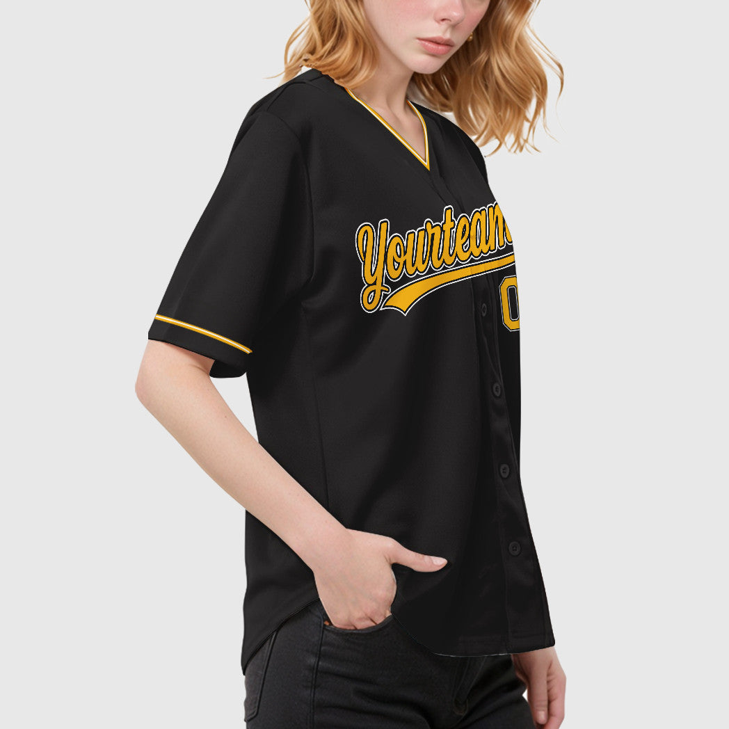 Custom Black Gold Gold-White Collar Sleeve Baseball Jersey