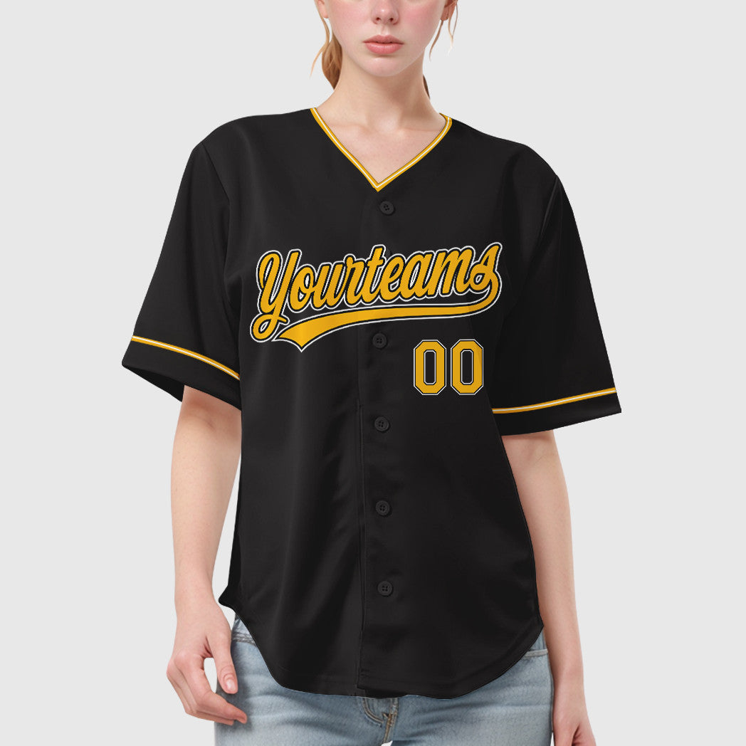 Custom Black Gold Gold-White Collar Sleeve Baseball Jersey