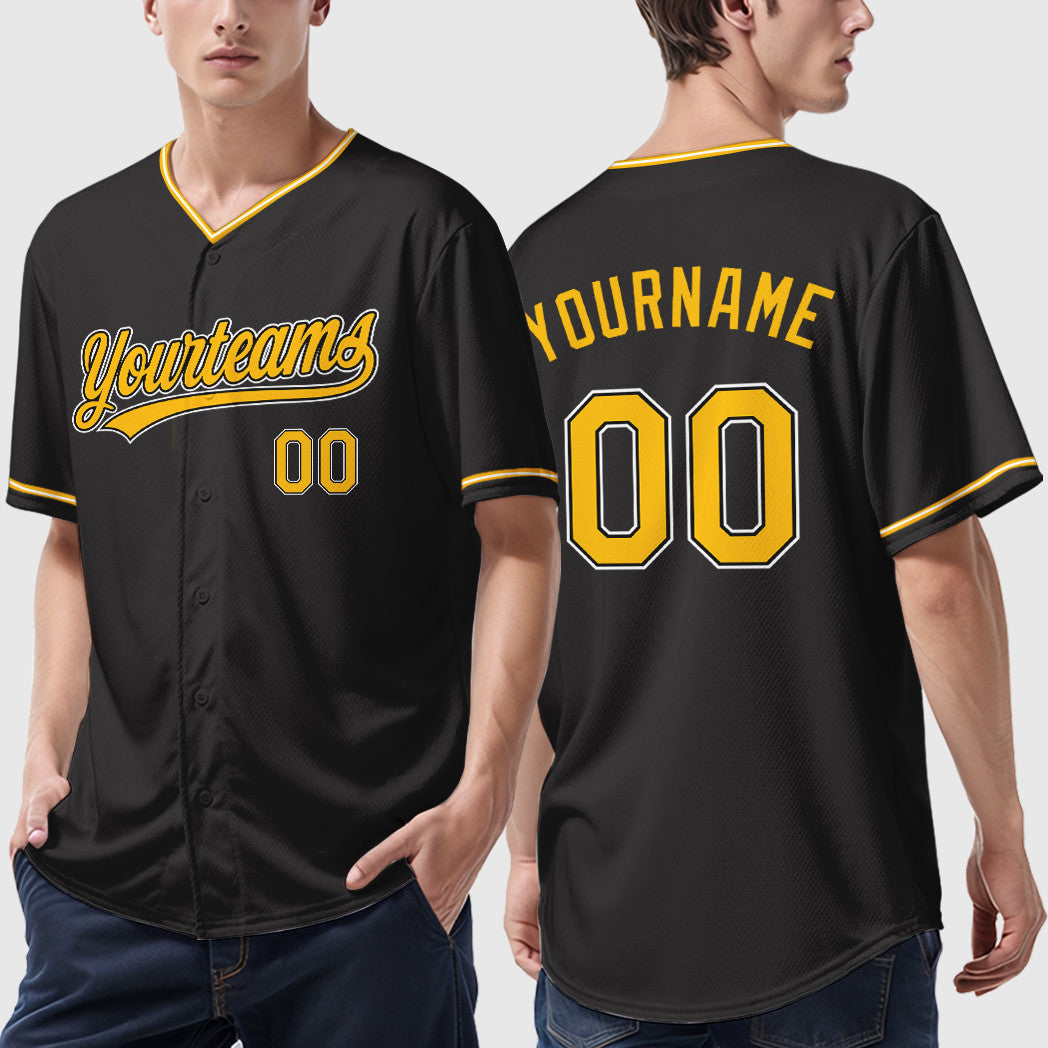Custom Black Gold Gold-White Collar Sleeve Baseball Jersey
