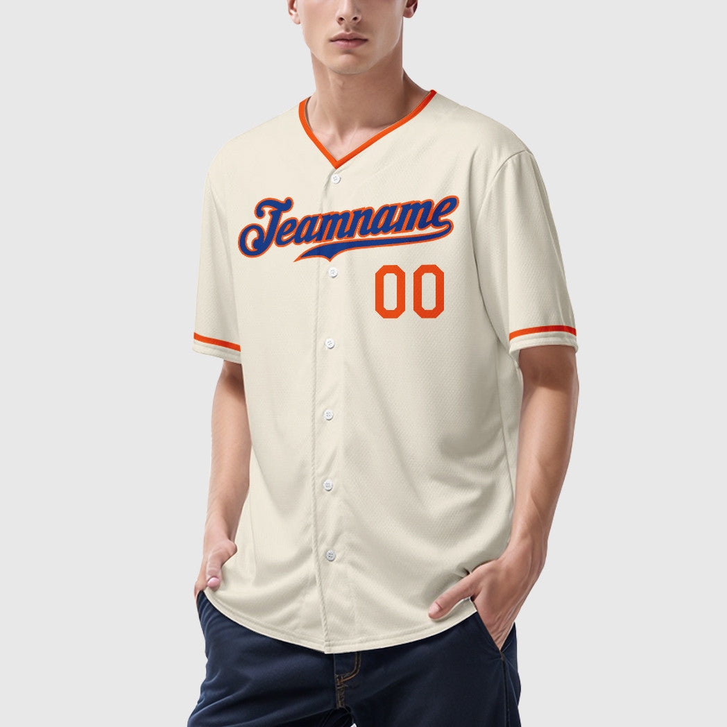 Custom Cream Royal Royal-Orange Collar Sleeve Baseball Jersey