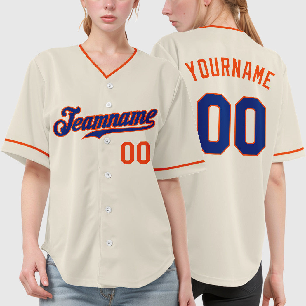 Custom Cream Royal Royal-Orange Collar Sleeve Baseball Jersey