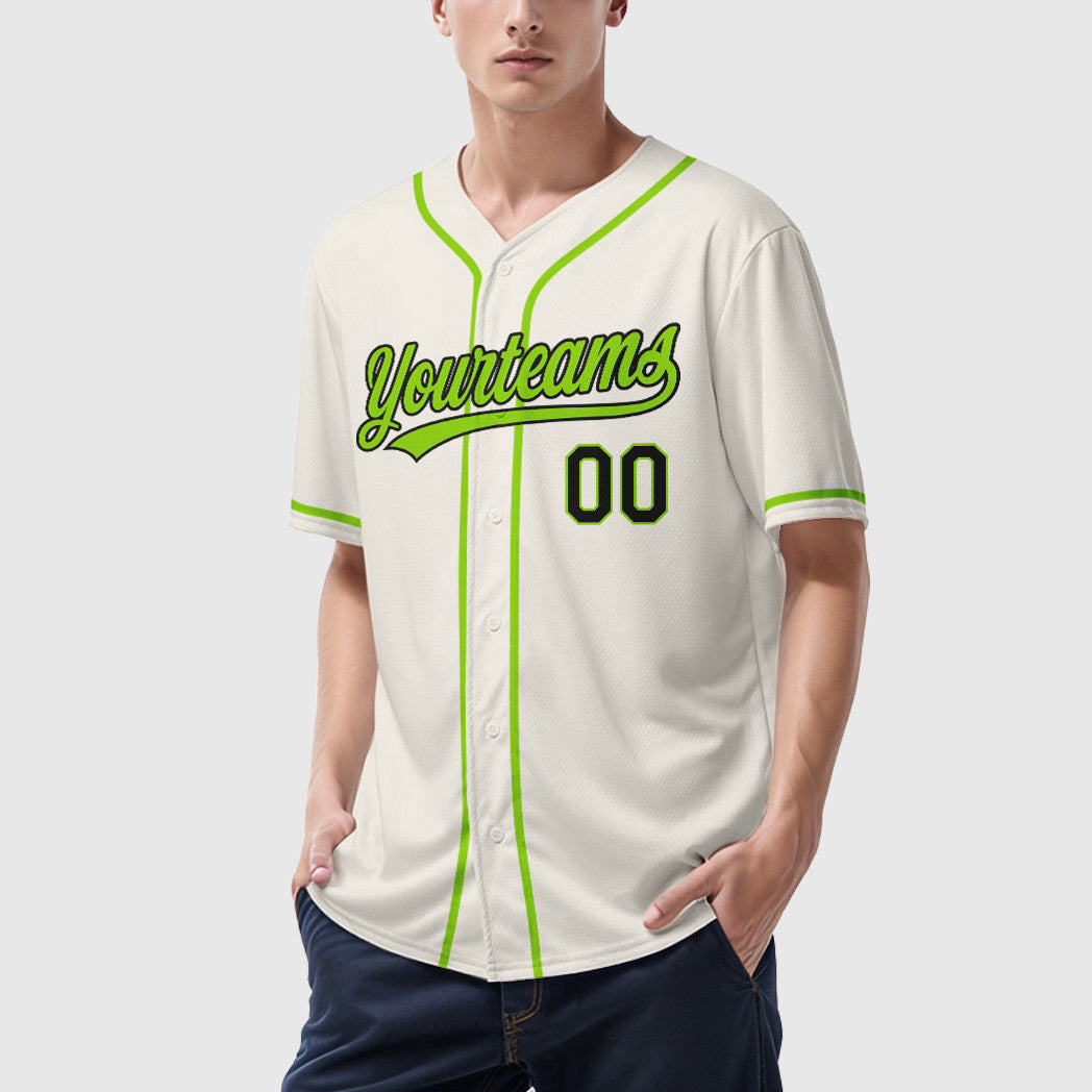 Custom Cream Black Neon Green Sleeve Baseball Jersey