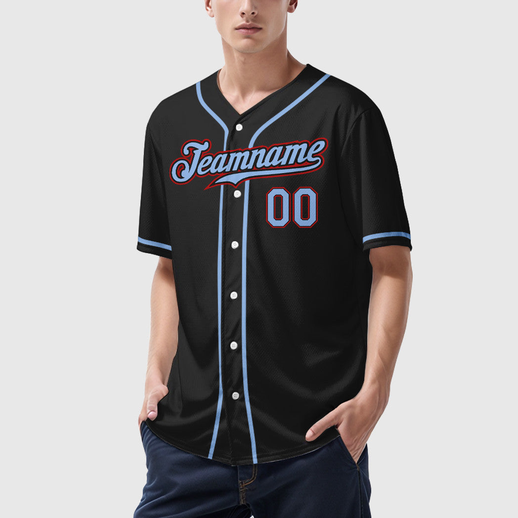 Custom Black Light Blue Red Sleeve Baseball Jersey