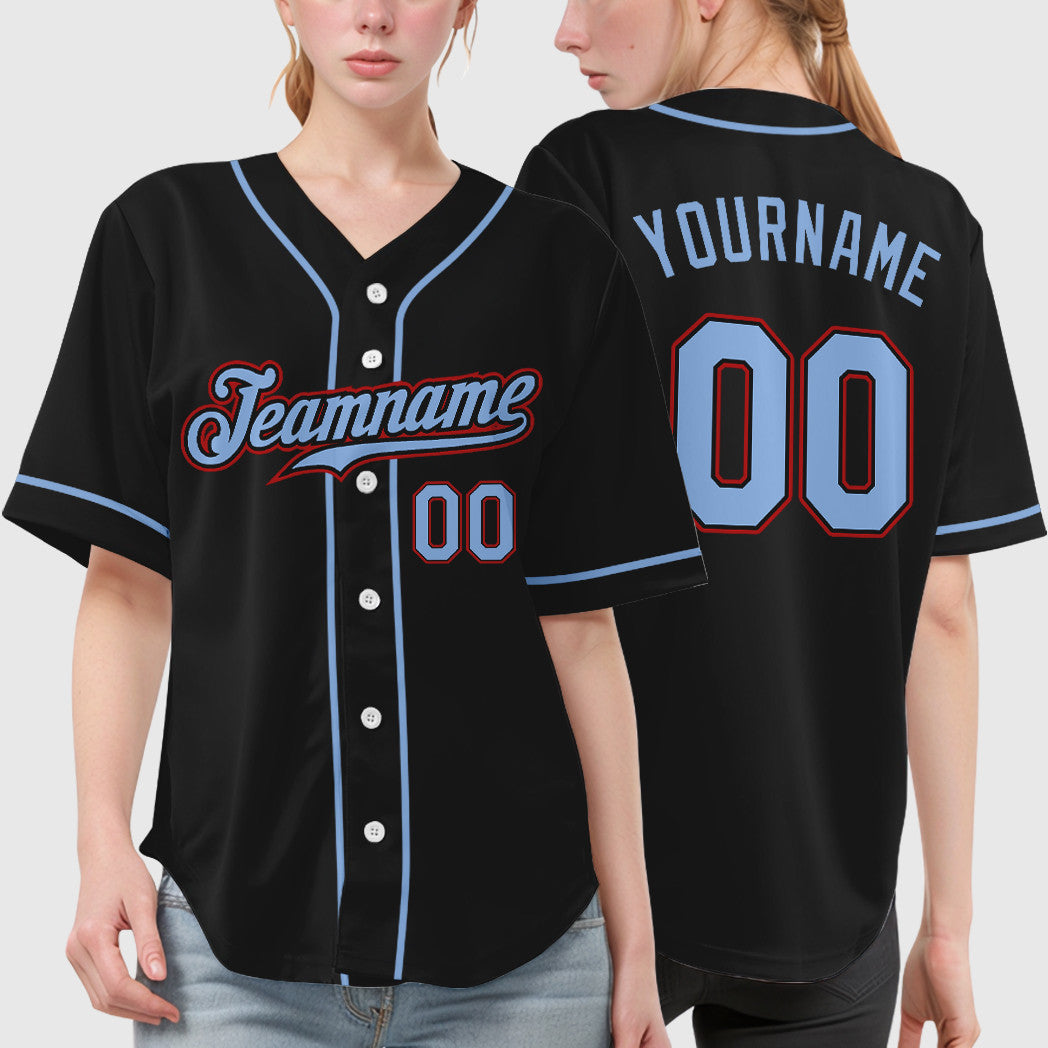 Custom Black Light Blue Red Sleeve Baseball Jersey