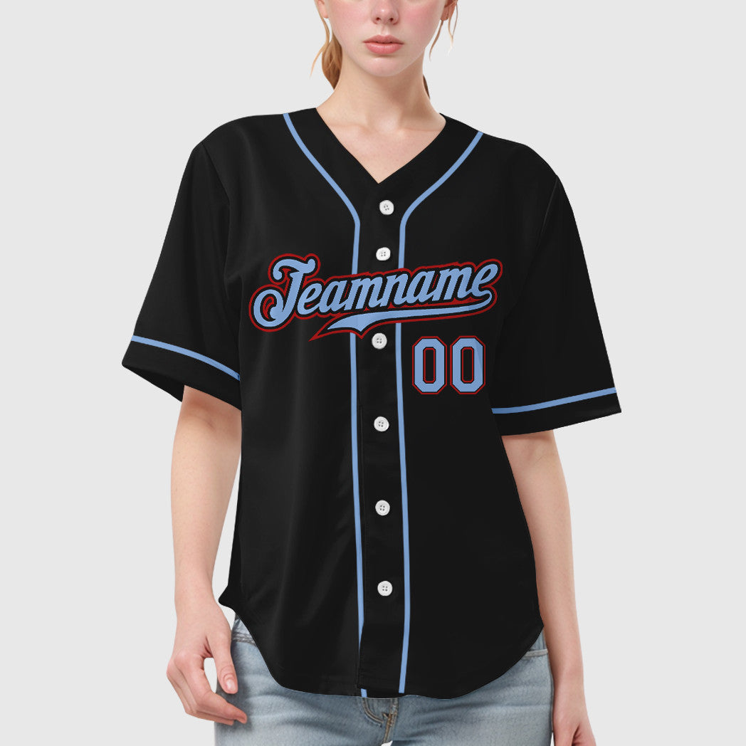 Custom Black Light Blue Red Sleeve Baseball Jersey
