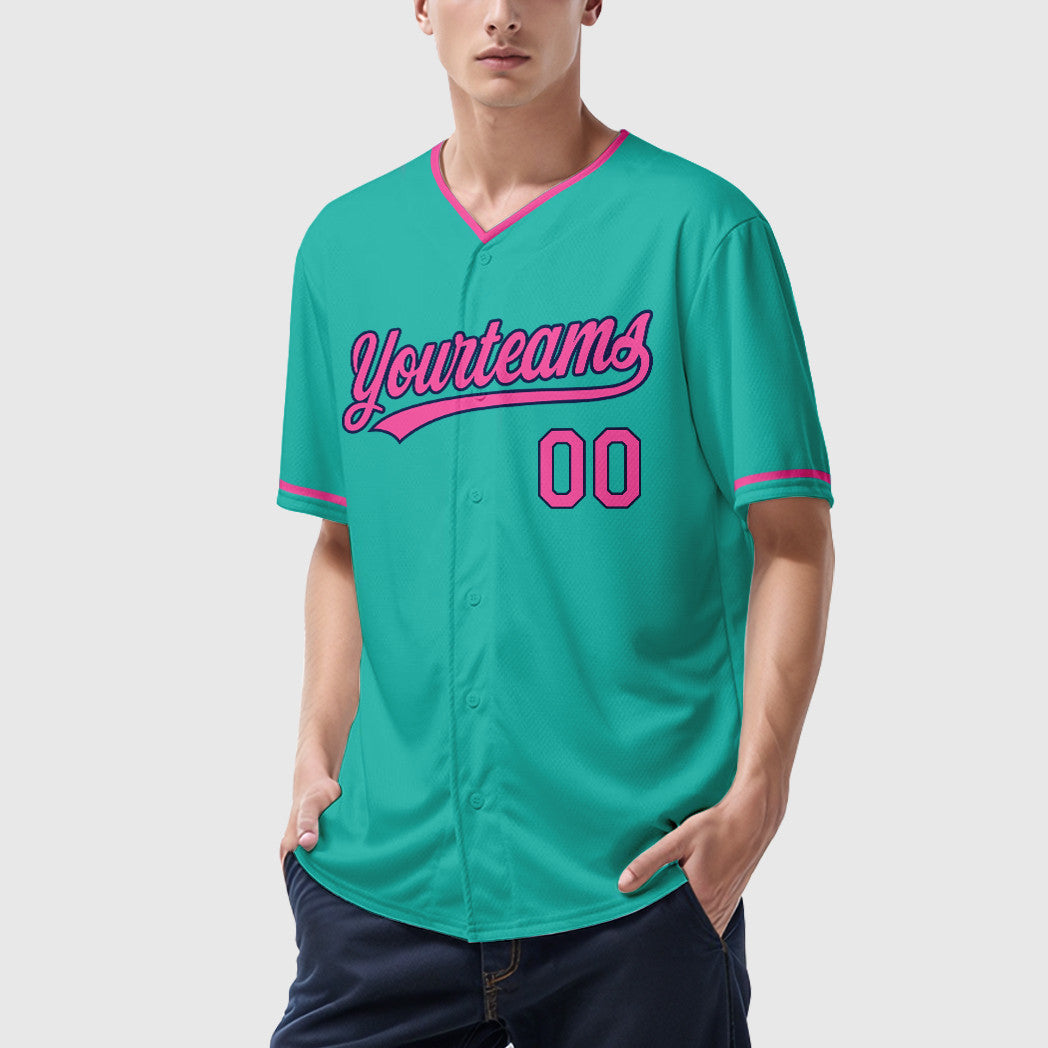 Custom Aqua White Pink-Navy Collar Sleeve Baseball Jersey