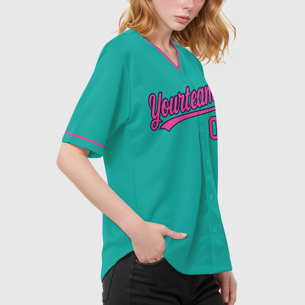 Custom Aqua White Pink-Navy Collar Sleeve Baseball Jersey