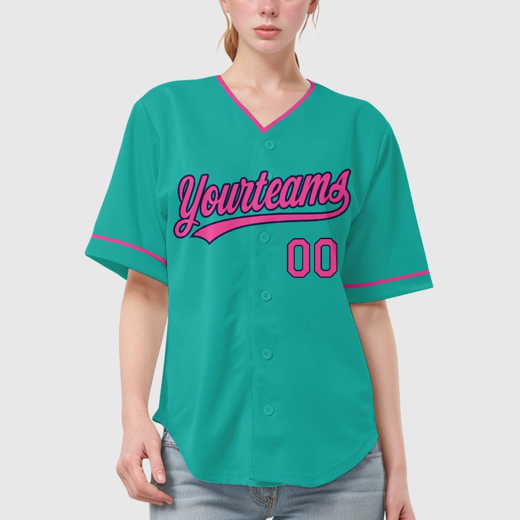 Custom Aqua White Pink-Navy Collar Sleeve Baseball Jersey