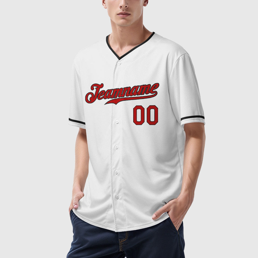 Custom White Red Red-Black Collar Sleeve Baseball Jersey