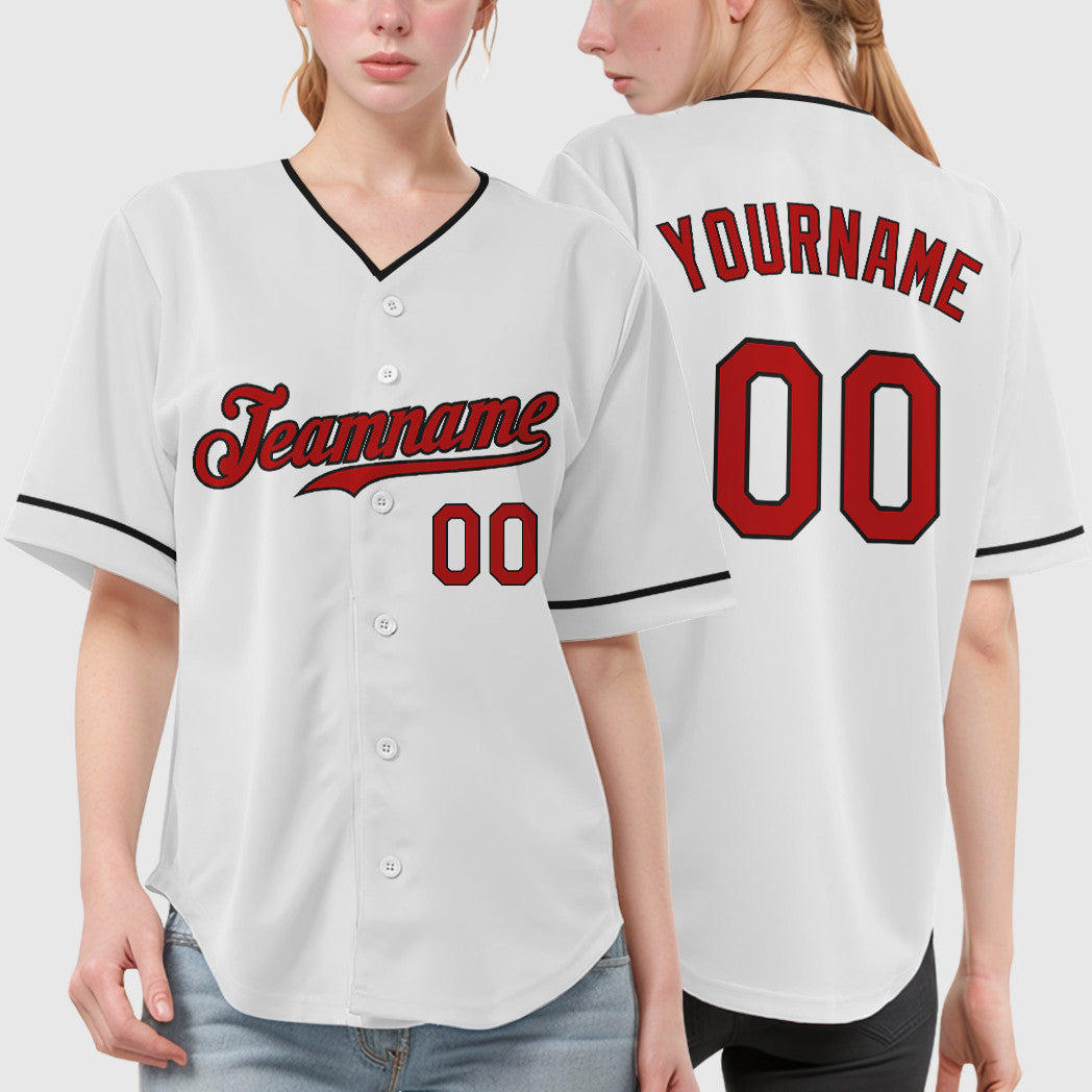 Custom White Red Red-Black Collar Sleeve Baseball Jersey