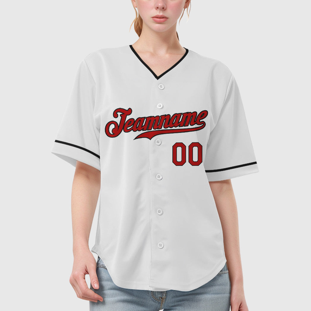 Custom White Red Red-Black Collar Sleeve Baseball Jersey
