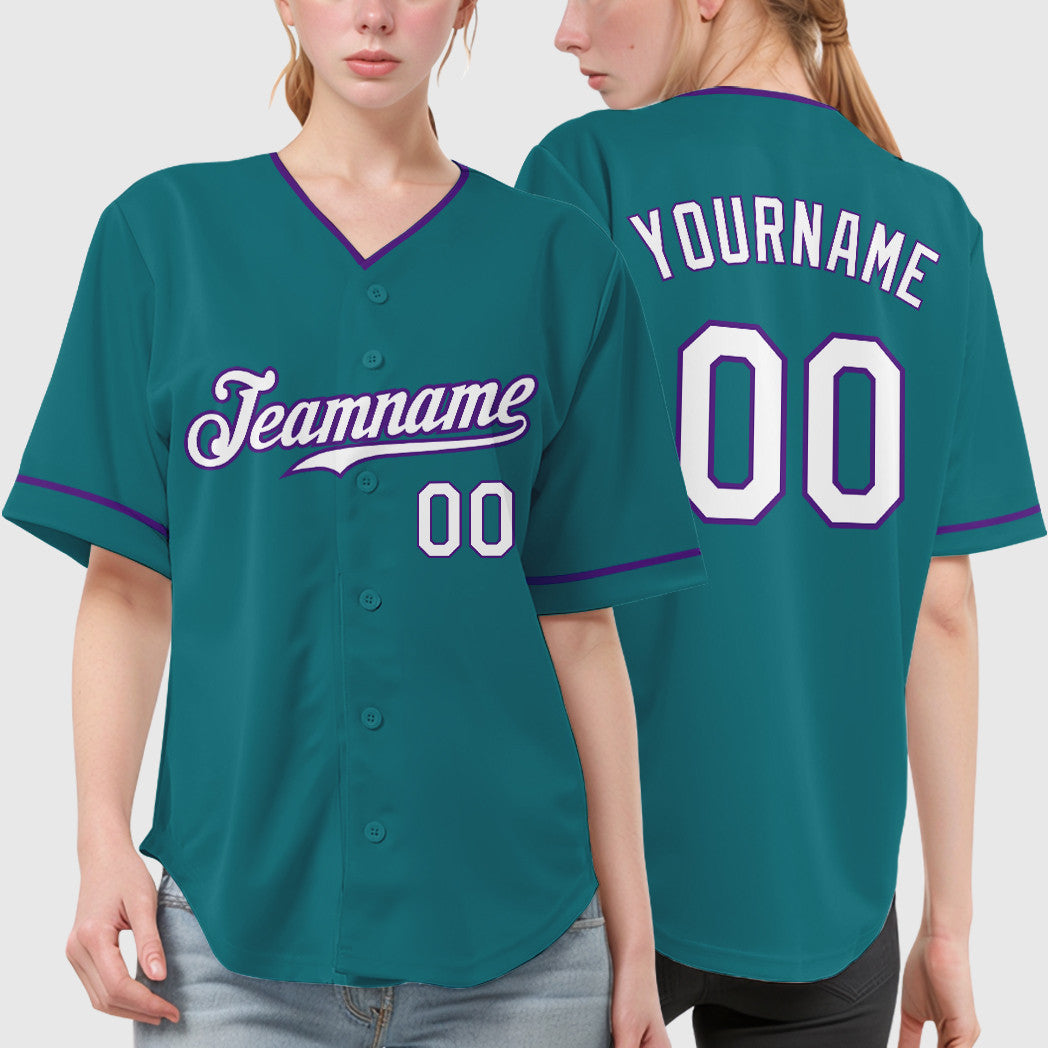Custom Teal Purple White-Purple Collar Sleeve Baseball Jersey