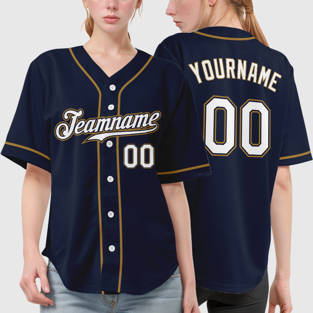 Custom Navy White White-Old Gold Sleeve Baseball Jersey