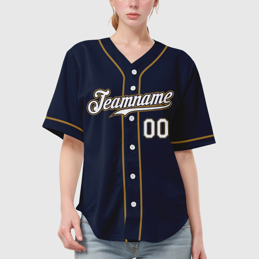 Custom Navy White White-Old Gold Sleeve Baseball Jersey