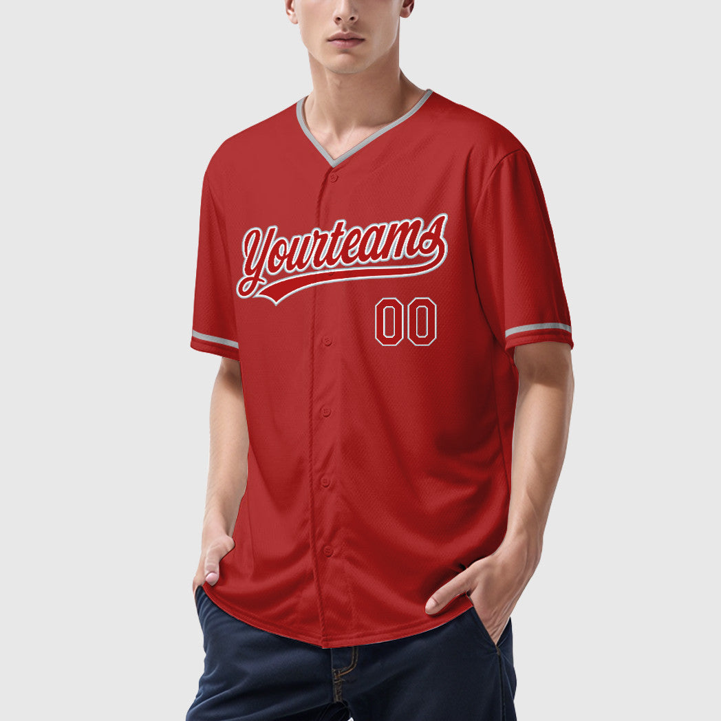 Custom Red White Gray Collar Sleeve Baseball Jersey