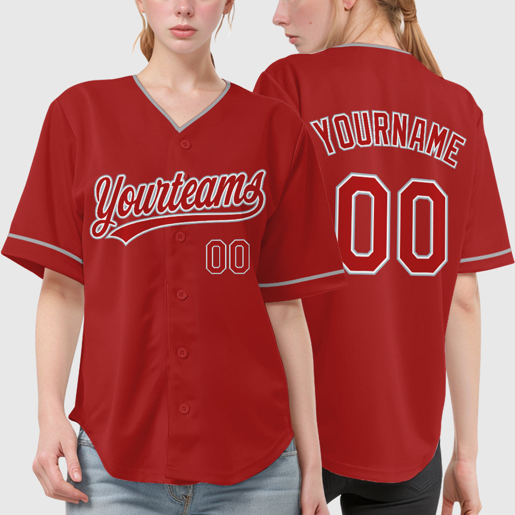 Custom Red White Gray Collar Sleeve Baseball Jersey