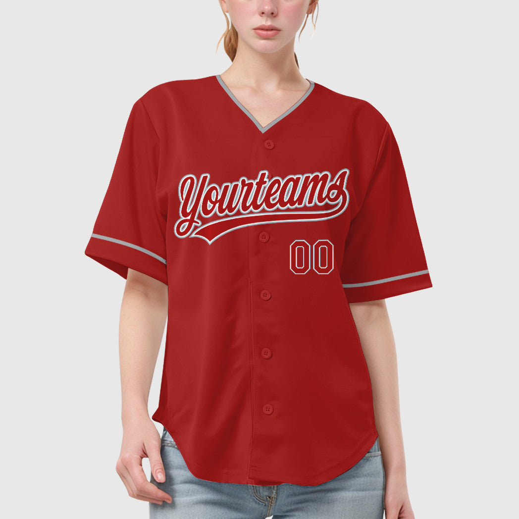 Custom Red White Gray Collar Sleeve Baseball Jersey