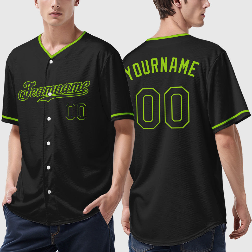 Custom Black White Black-Neon Green Collar Sleeve Baseball Jersey