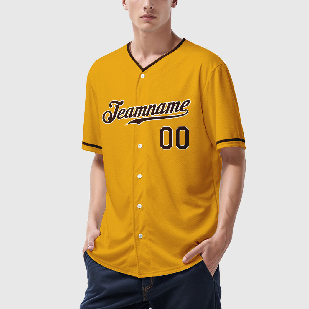 Custom Gold Brown Brown-White Collar Sleeve Baseball Jersey