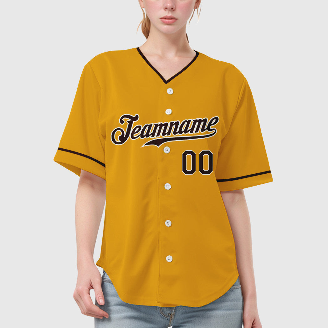 Custom Gold Brown Brown-White Collar Sleeve Baseball Jersey