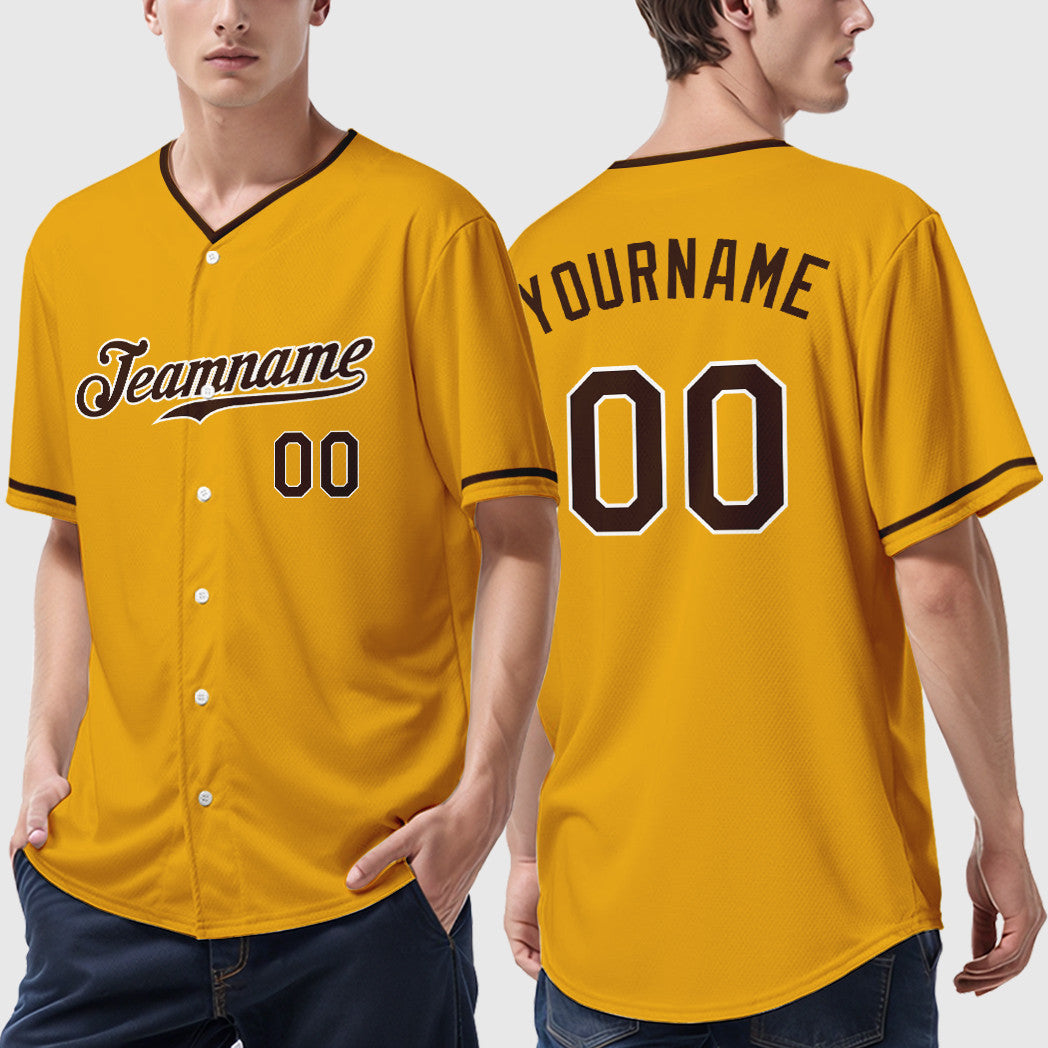 Custom Gold Brown Brown-White Collar Sleeve Baseball Jersey