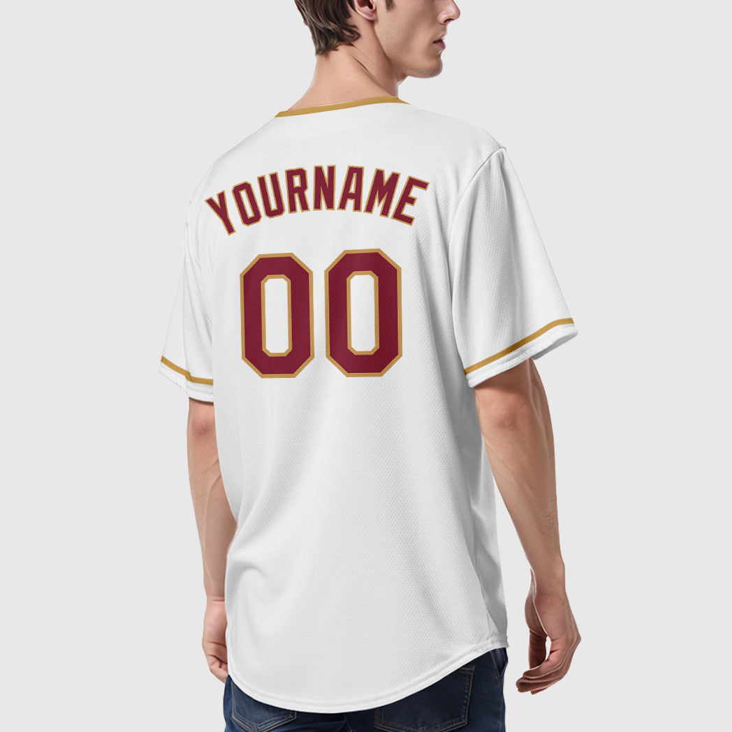 Custom White Crimson Crimson-Old Gold Collar Sleeve Baseball Jersey