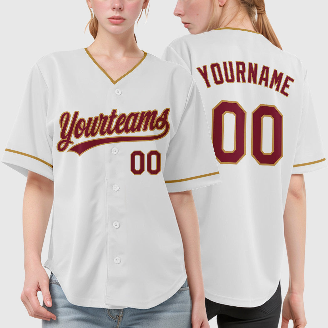 Custom White Crimson Crimson-Old Gold Collar Sleeve Baseball Jersey