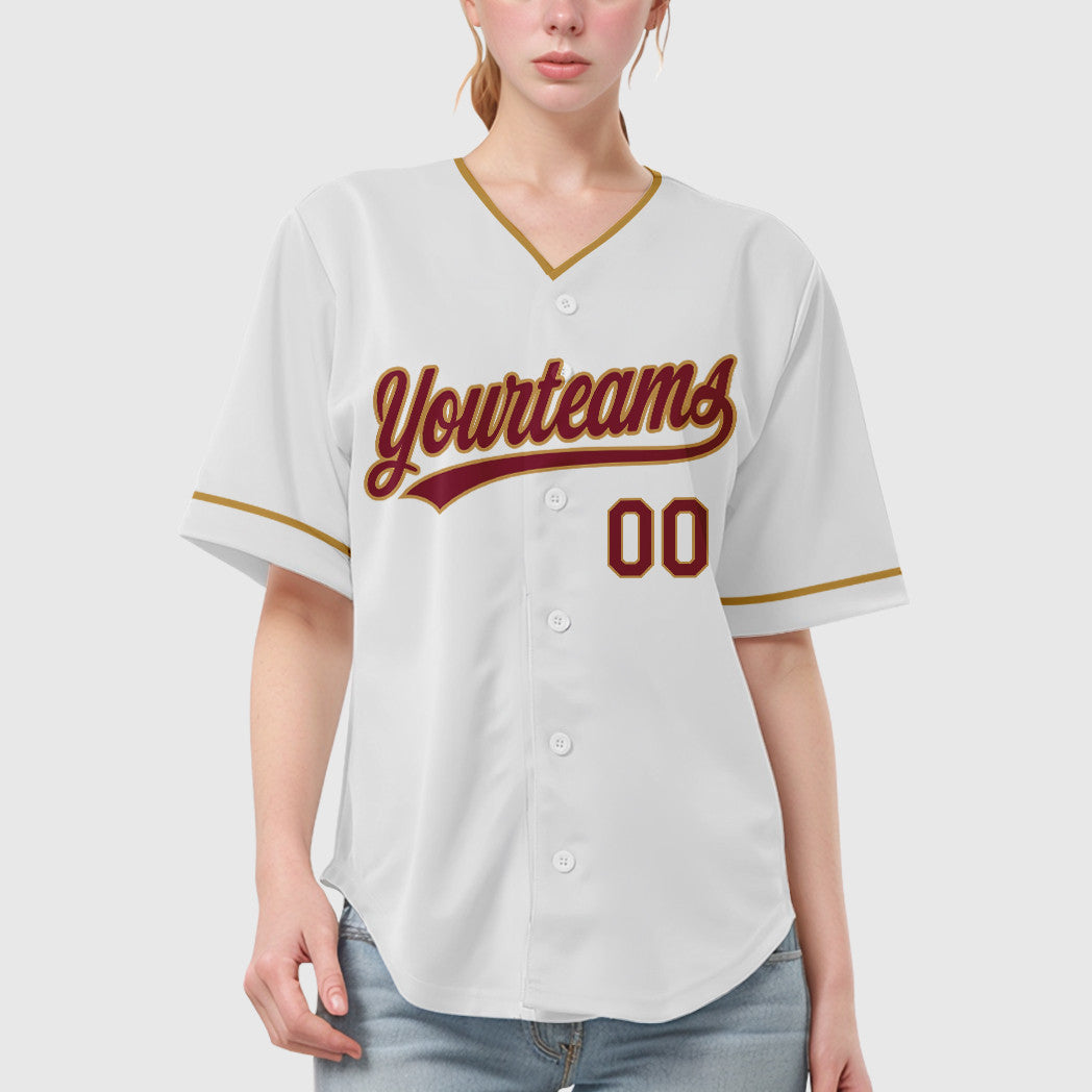 Custom White Crimson Crimson-Old Gold Collar Sleeve Baseball Jersey