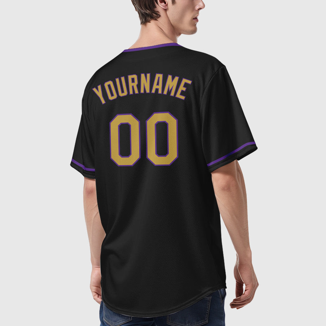 Custom Black Old Gold Old Gold-Purple Collar Sleeve Baseball Jersey