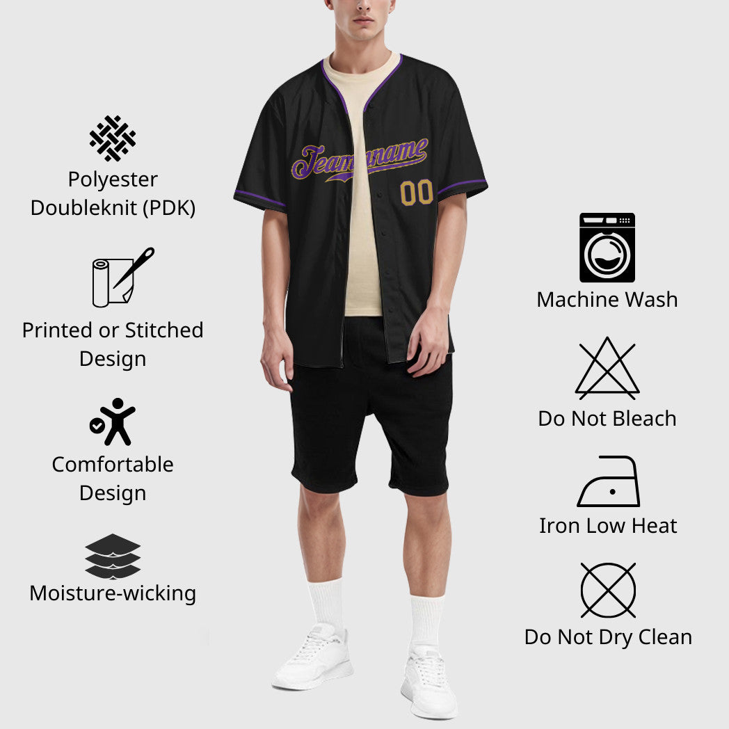 Custom Black Old Gold Old Gold-Purple Collar Sleeve Baseball Jersey