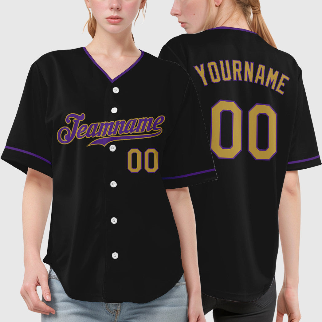 Custom Black Old Gold Old Gold-Purple Collar Sleeve Baseball Jersey