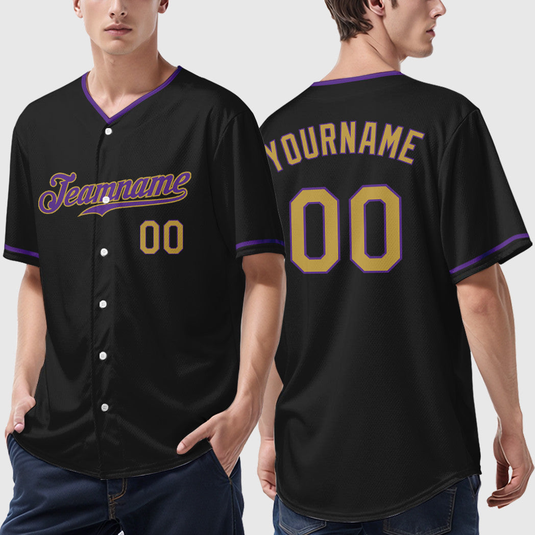 Custom Black Old Gold Old Gold-Purple Collar Sleeve Baseball Jersey