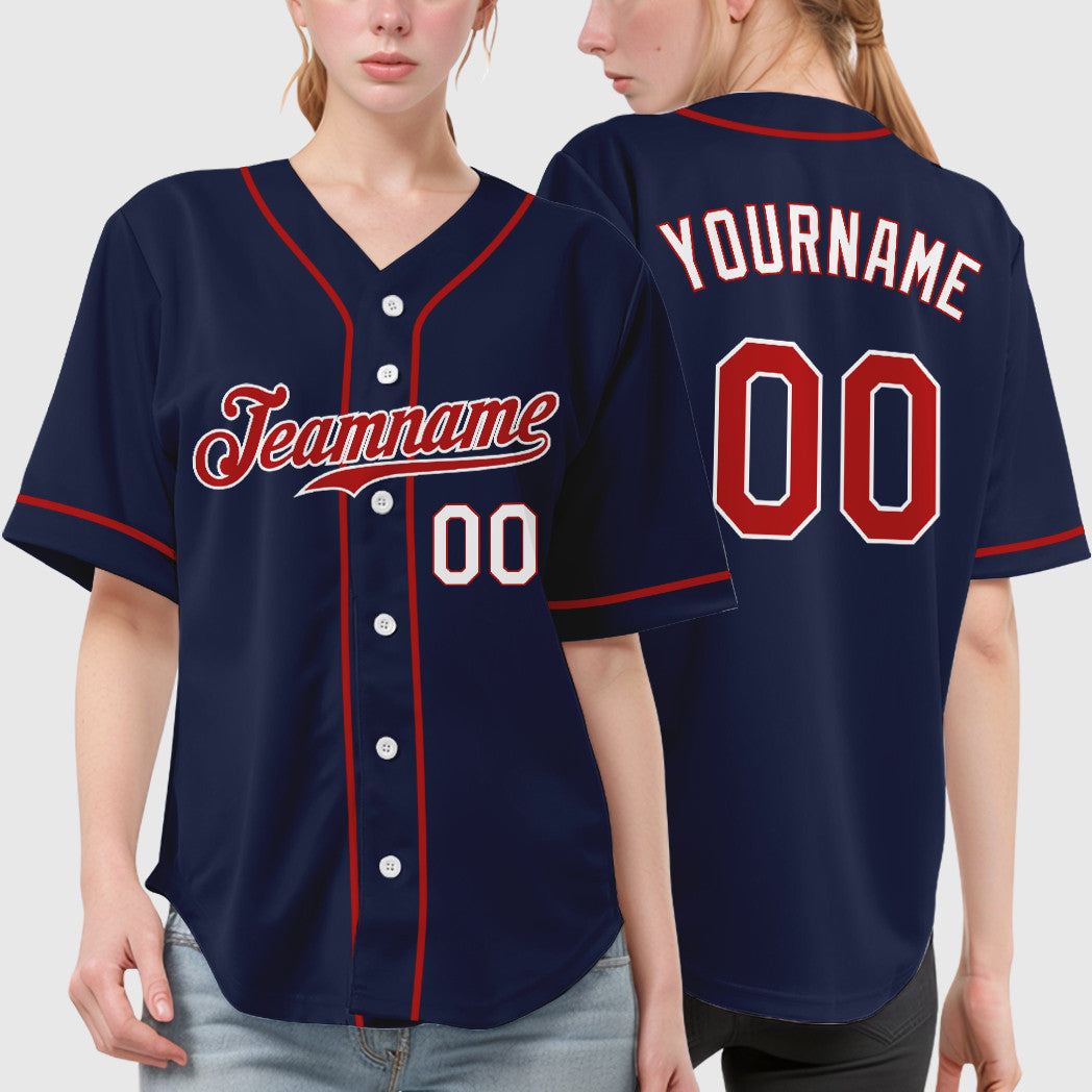 Custom Navy Red Red-White Sleeve Baseball Jersey