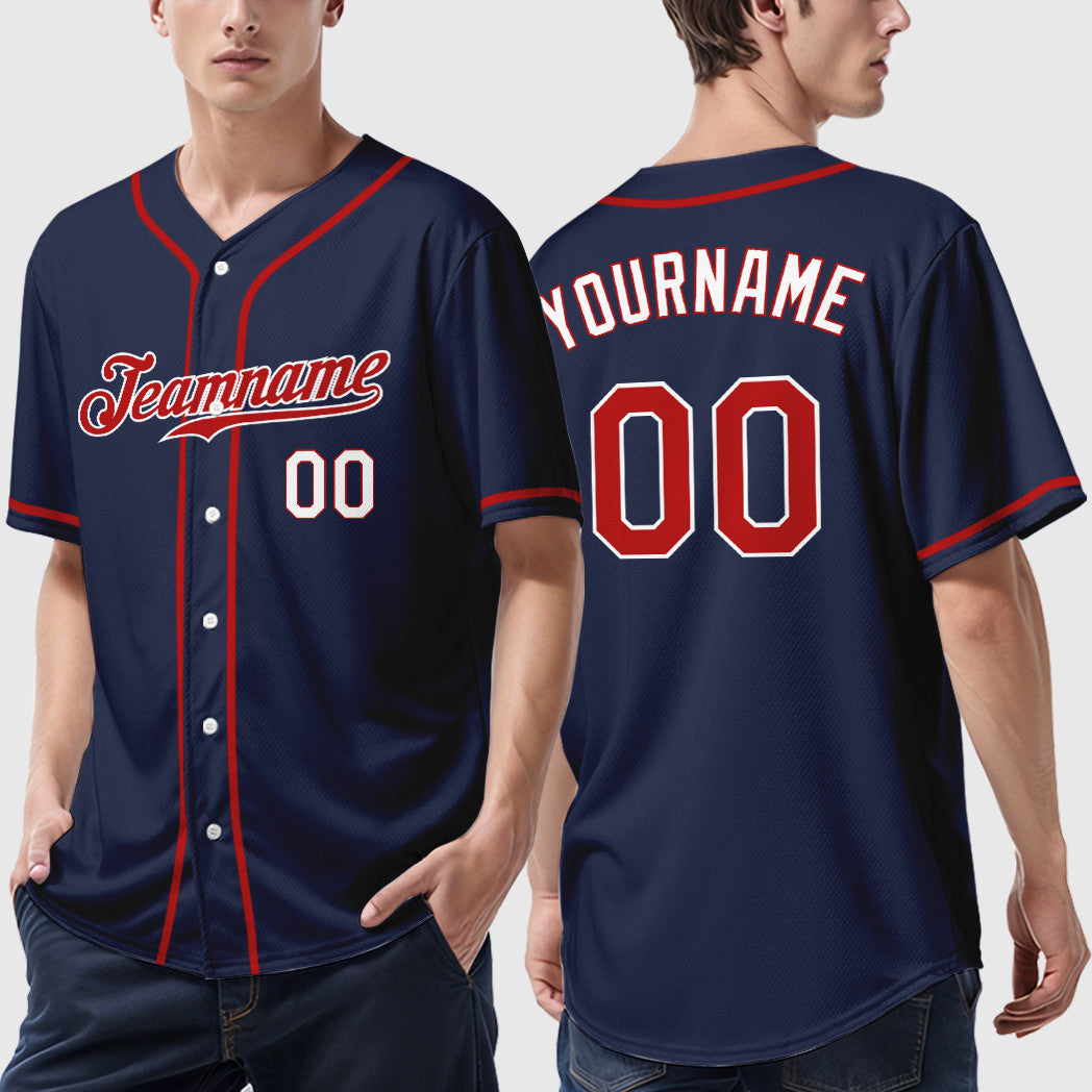 Custom Navy Red Red-White Sleeve Baseball Jersey