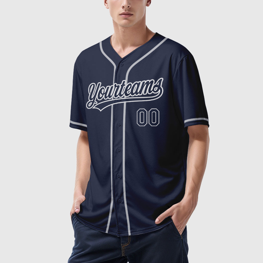 Custom Navy White Gray Sleeve Baseball Jersey