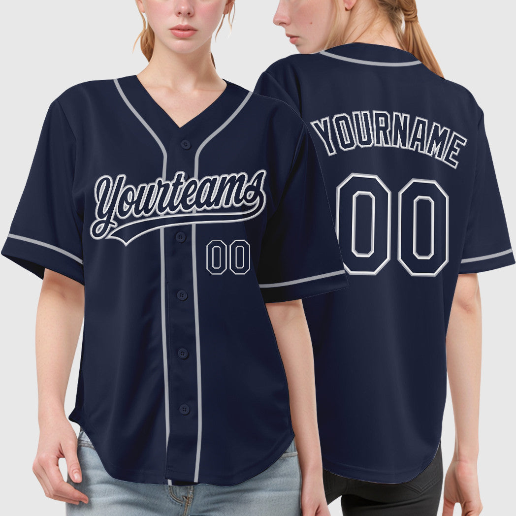 Custom Navy White Gray Sleeve Baseball Jersey