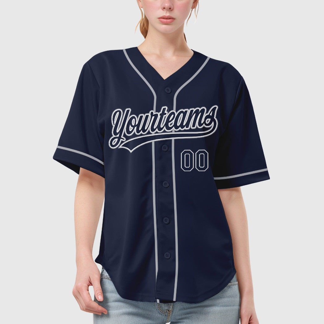 Custom Navy White Gray Sleeve Baseball Jersey