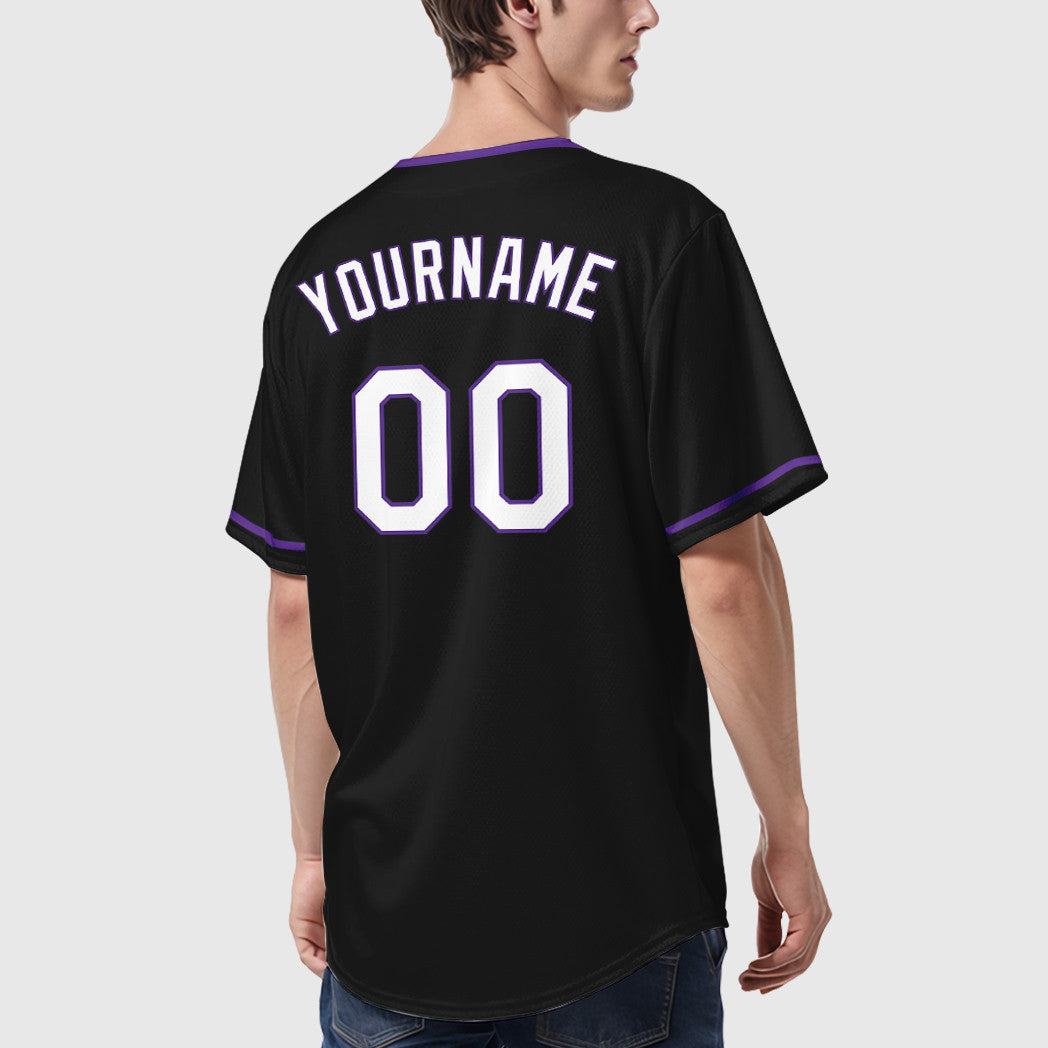 Custom Black White White-Purple Collar Sleeve Baseball Jersey
