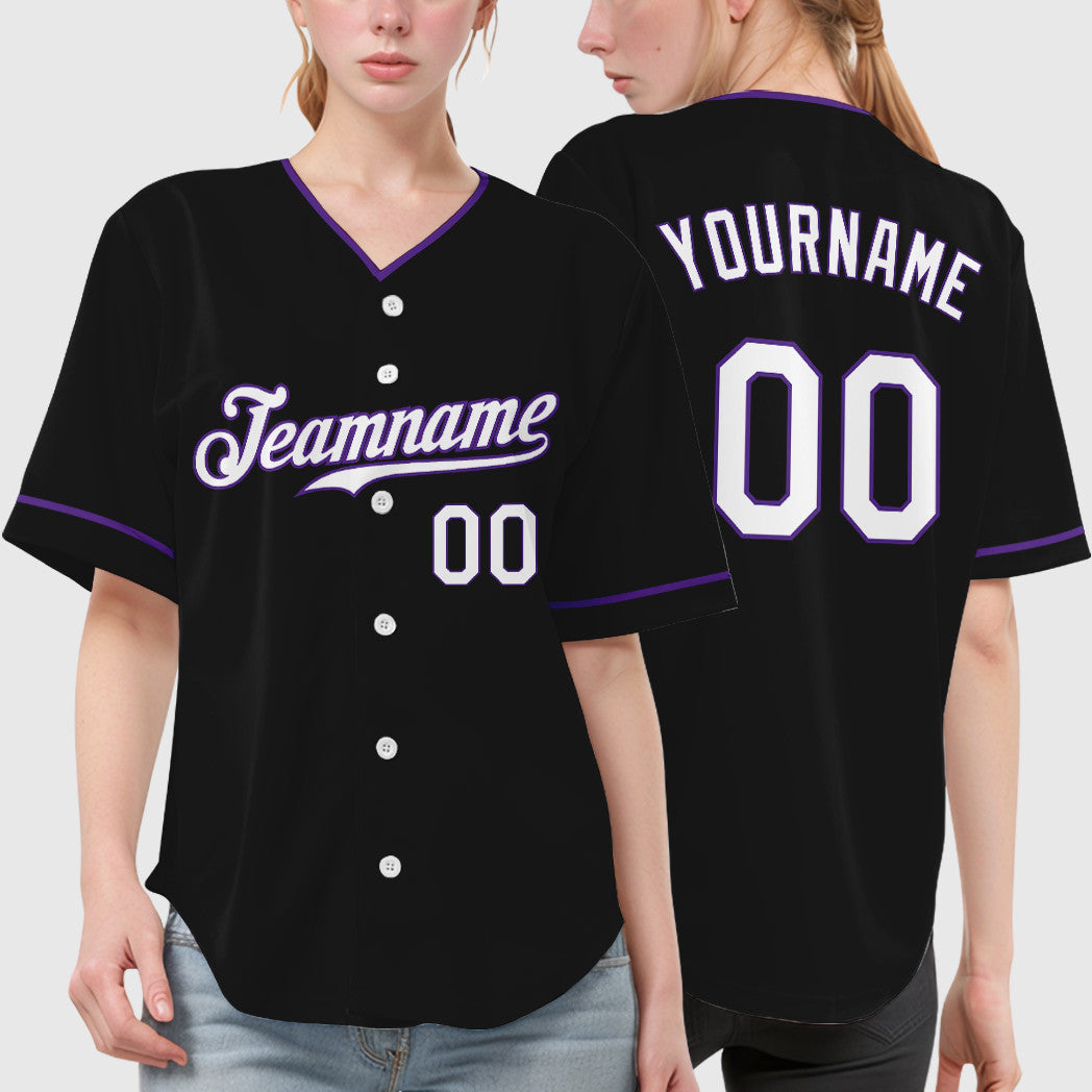 Custom Black White White-Purple Collar Sleeve Baseball Jersey