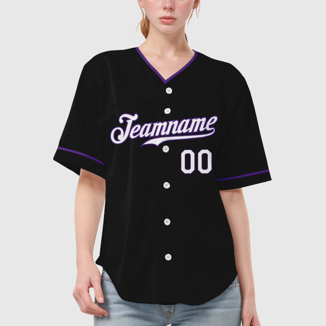 Custom Black White White-Purple Collar Sleeve Baseball Jersey