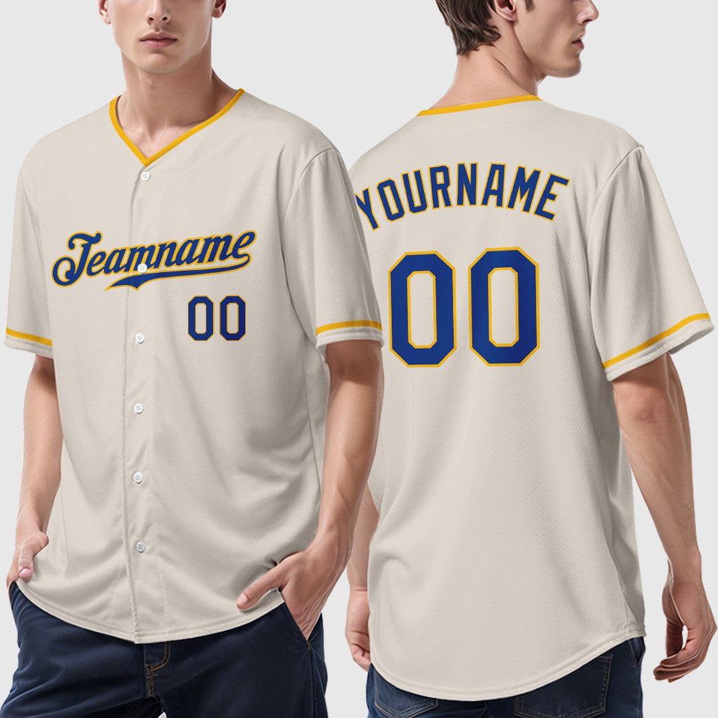 Custom Cream Royal Gold Collar Sleeve Baseball Jersey