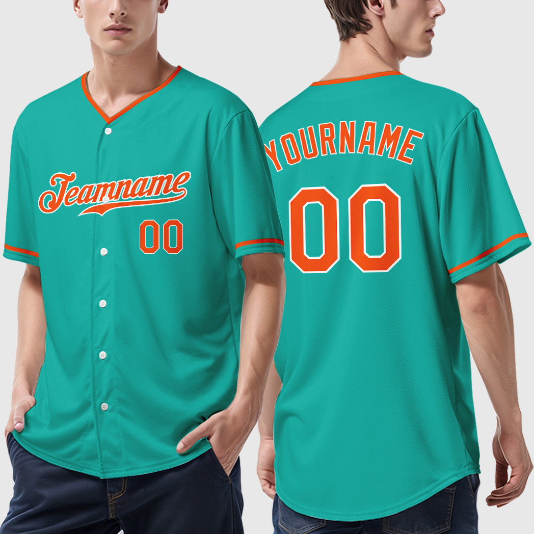Custom Aqua White Orange Collar Sleeve Baseball Jersey