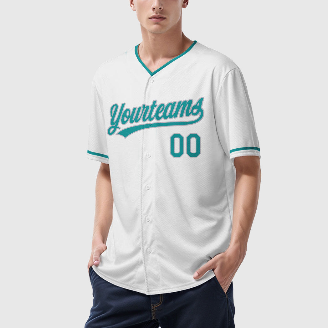 Custom White Teal Gray Collar Sleeve Baseball Jersey