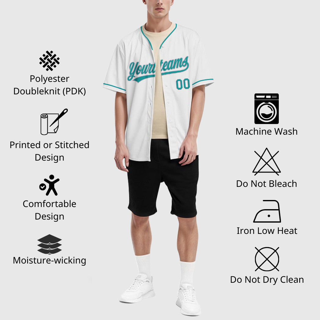 Custom White Teal Gray Collar Sleeve Baseball Jersey