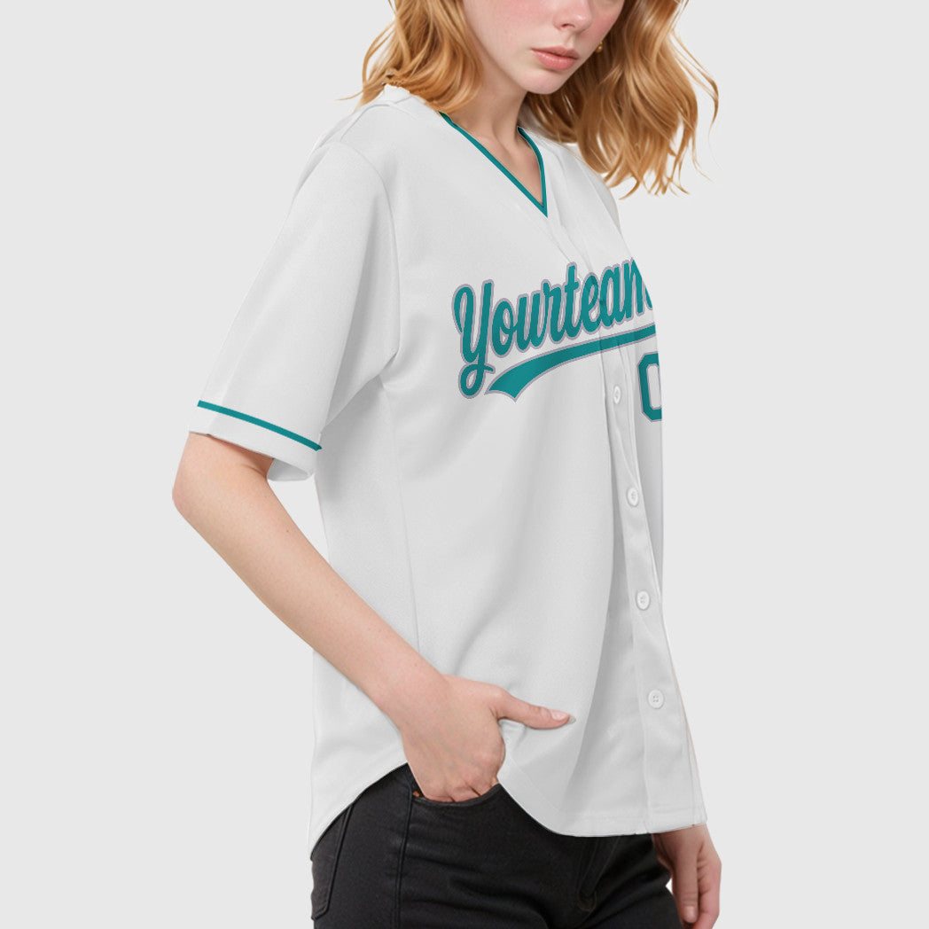 Custom White Teal Gray Collar Sleeve Baseball Jersey