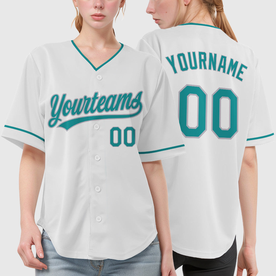 Custom White Teal Gray Collar Sleeve Baseball Jersey